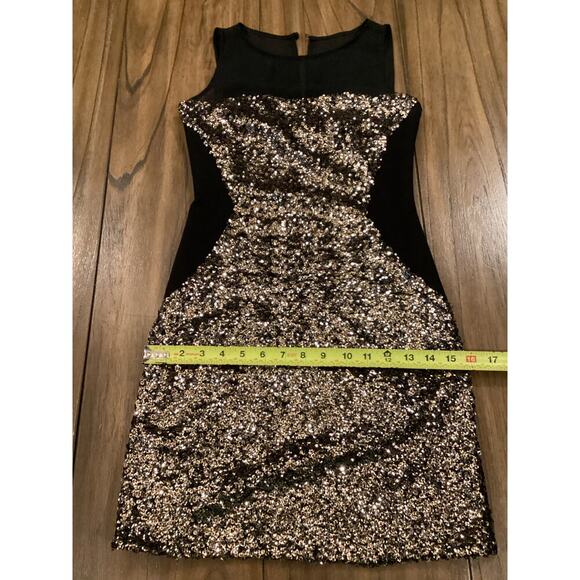 Aidan Mattox Illusion Sequined Sheath Mini Dress Sleeveless Black Gold US 0 - Picture 9 of 10